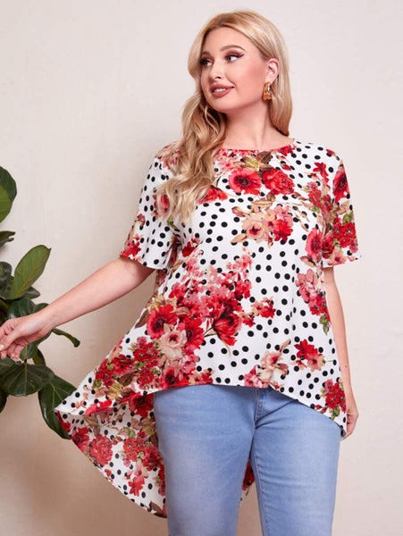 SHEIN Top floral de lunares bajo irregular 208161